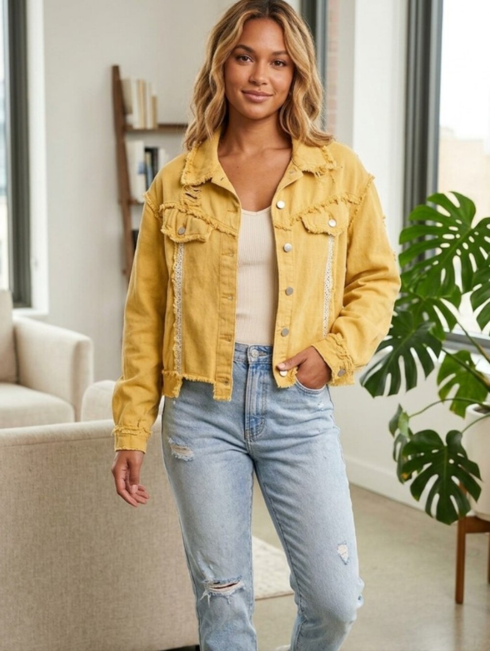 POL Yellow Frayed Denim Jacket with Lace Trim NWOT Size S